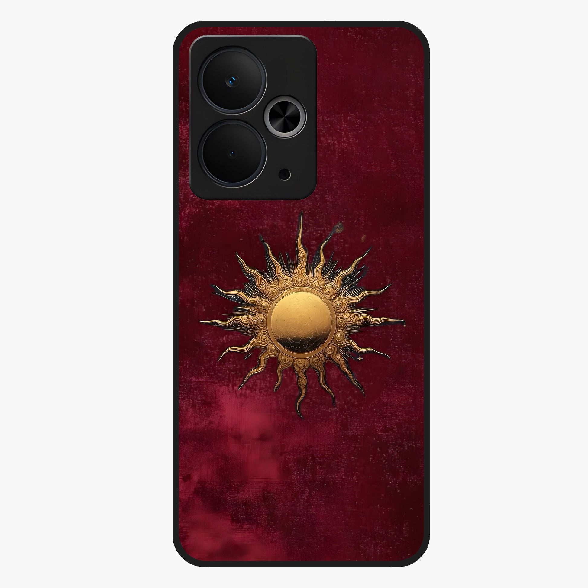 Gold Sun Blush Glass Case showing flat back view with golden sun inspired artwork and glossy glass finish.
