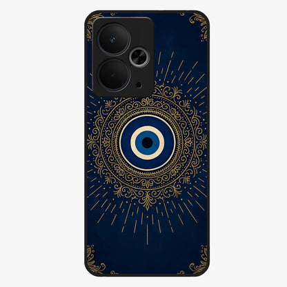 Golden Evil Eye Mandala Glass Case showing flat back view with intricate evil eye mandala artwork and glossy glass finish.
