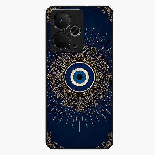Golden Evil Eye Mandala Glass Case showing flat back view with intricate evil eye mandala artwork and glossy glass finish.