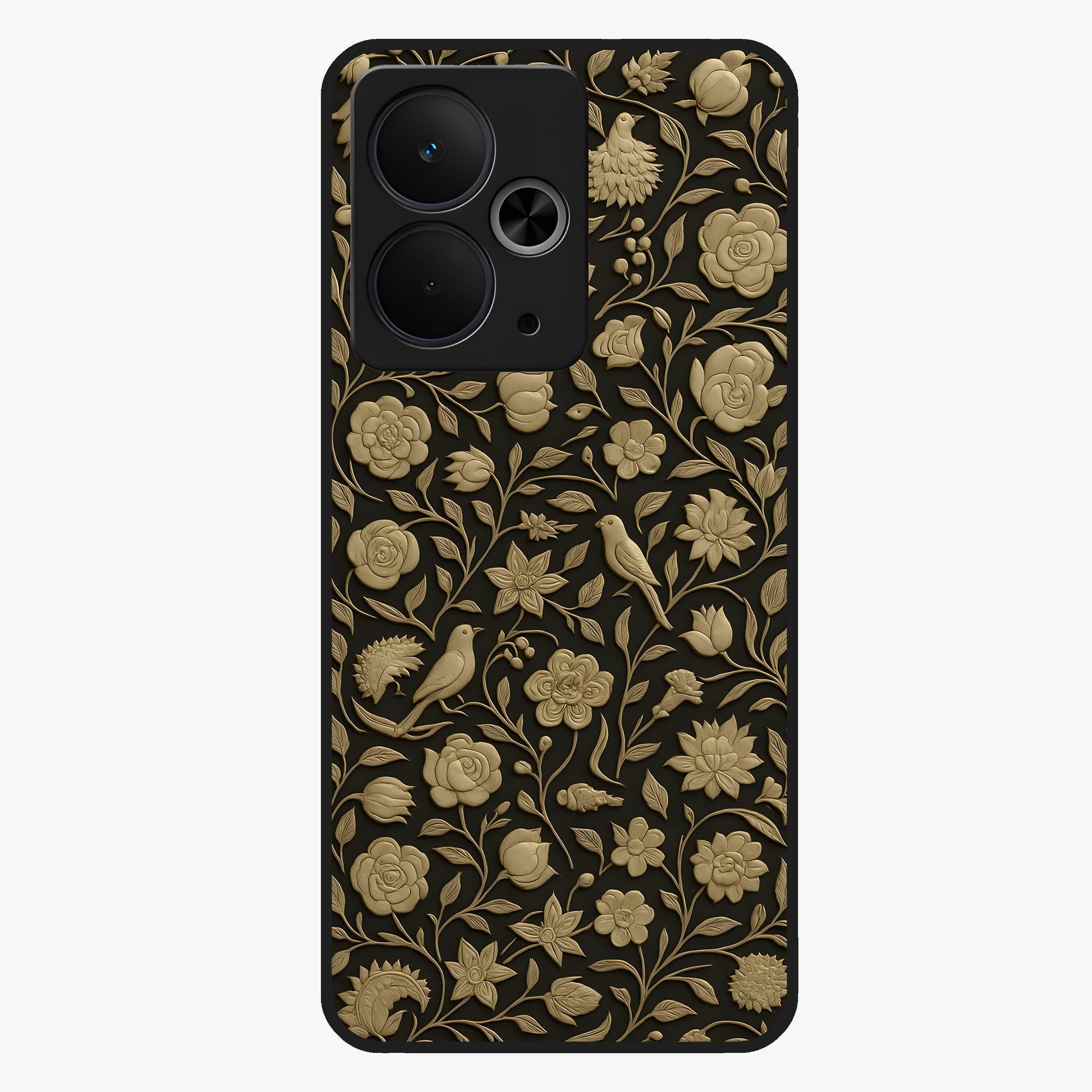 Golden Floral Majesty Glass Case showing flat back view with luxurious golden floral artwork and glossy glass finish.