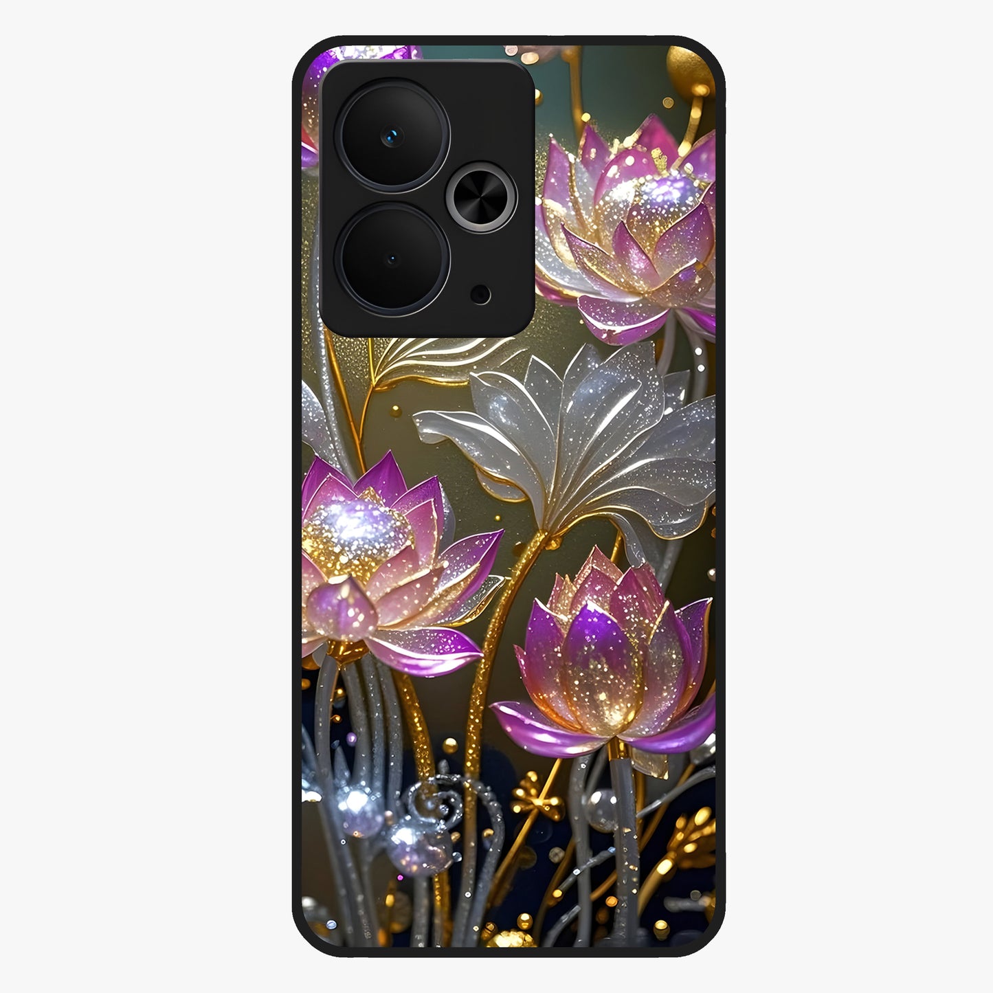 Golden Lotus Glow Glass Case showing flat back view with glowing lotus flower artwork and glossy glass finish.