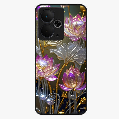 Golden Lotus Glow Glass Case showing flat back view with glowing lotus flower artwork and glossy glass finish.