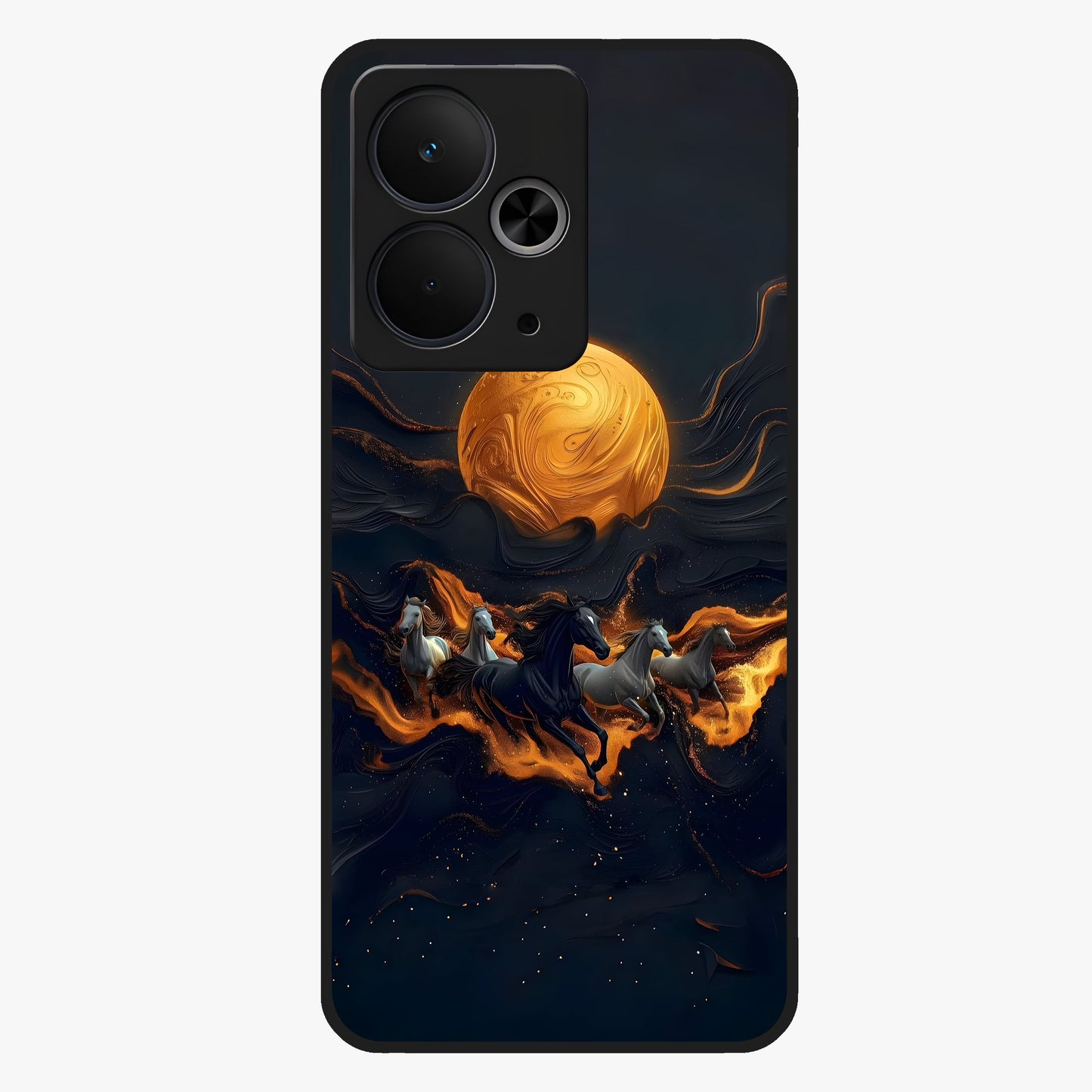 Golden Stallion Moonride Glass Case showing flat back view with majestic horse under moonlight artwork and glossy glass finish.