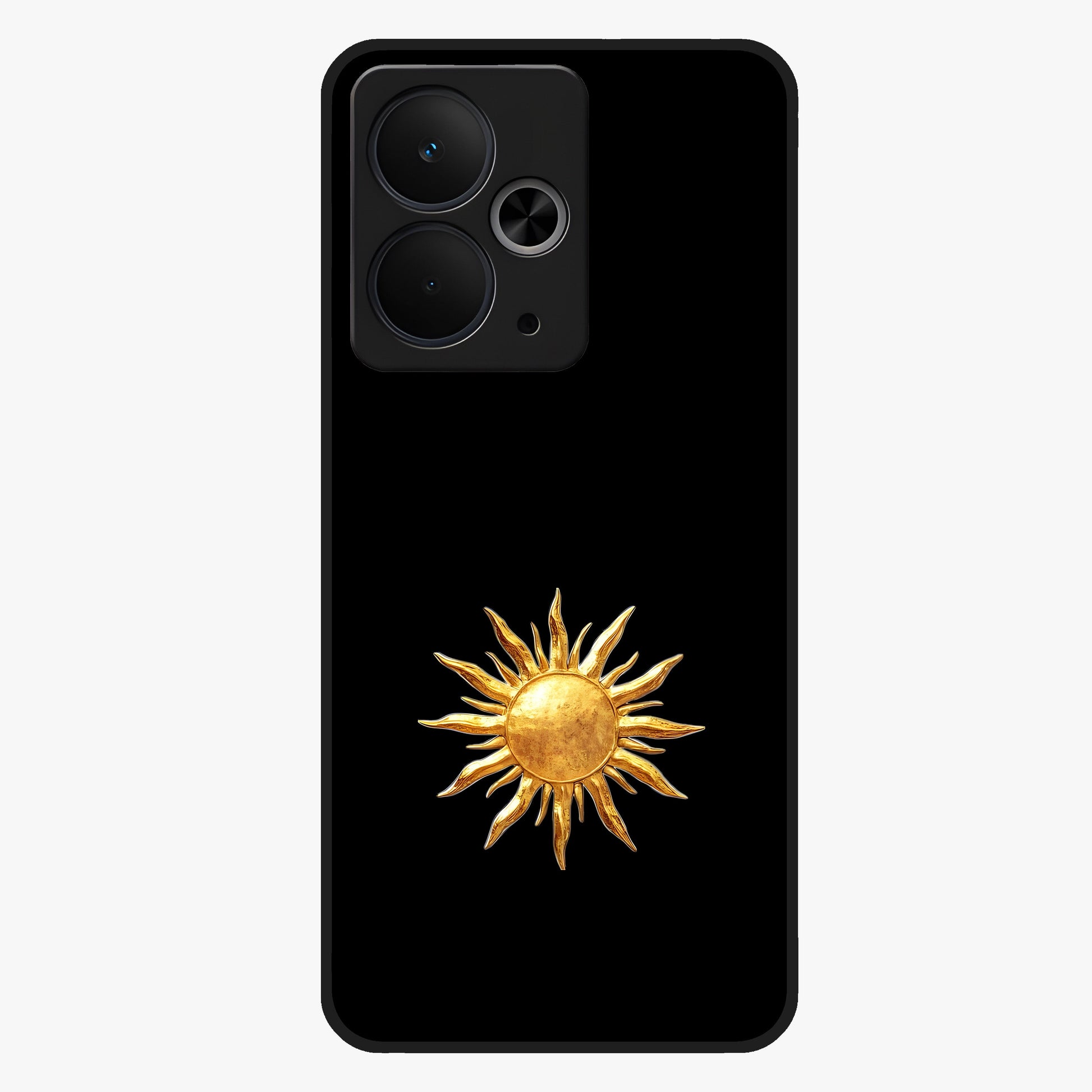 Golden Sun Minimalism Glass Case showing flat back view with minimal golden sun artwork and glossy glass finish.