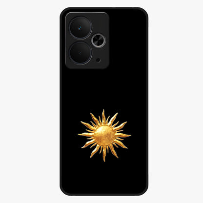 Golden Sun Minimalism Glass Case showing flat back view with minimal golden sun artwork and glossy glass finish.