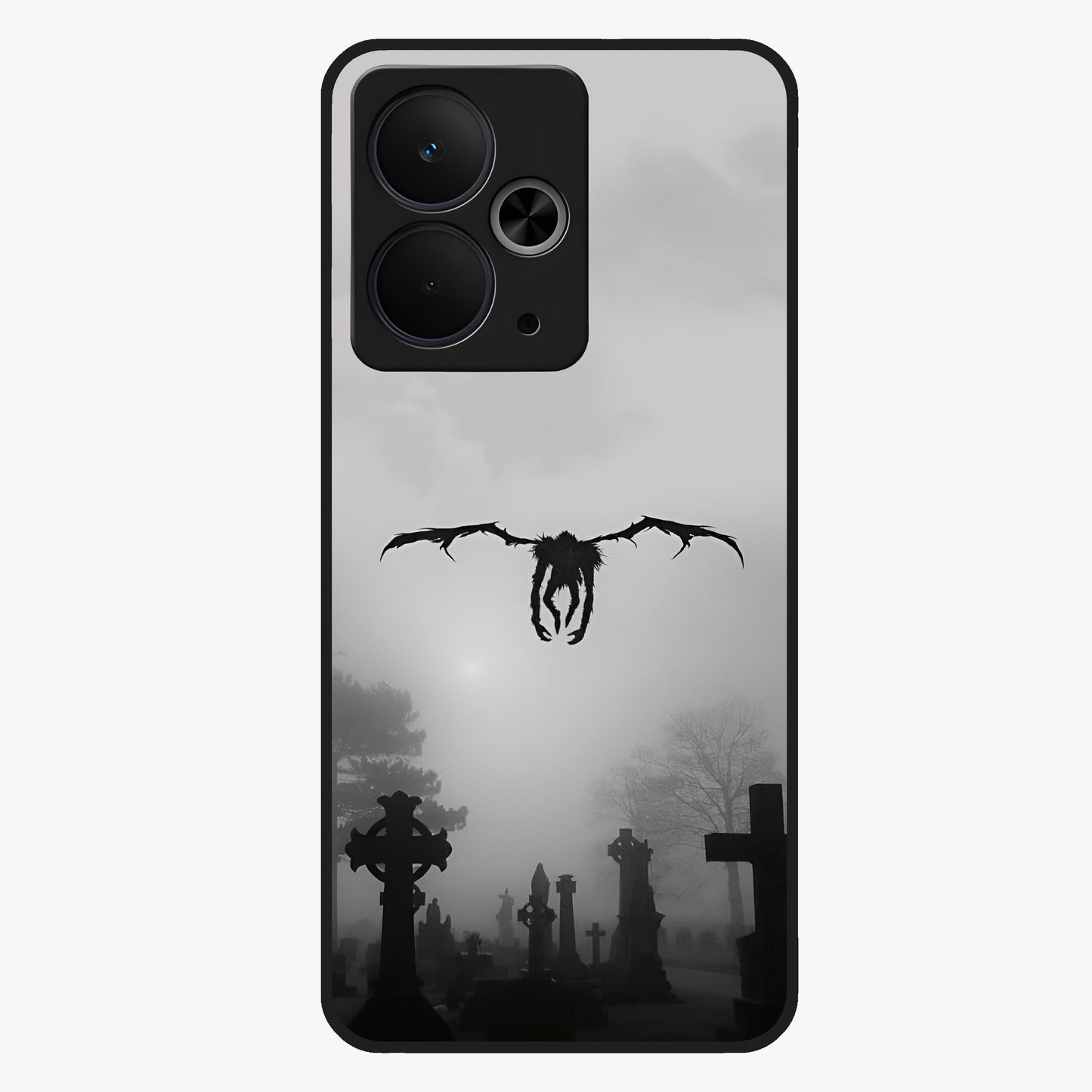 Graveyard Shadow Descent Glass Case showing flat back view with dark graveyard themed artwork and glossy glass finish.
