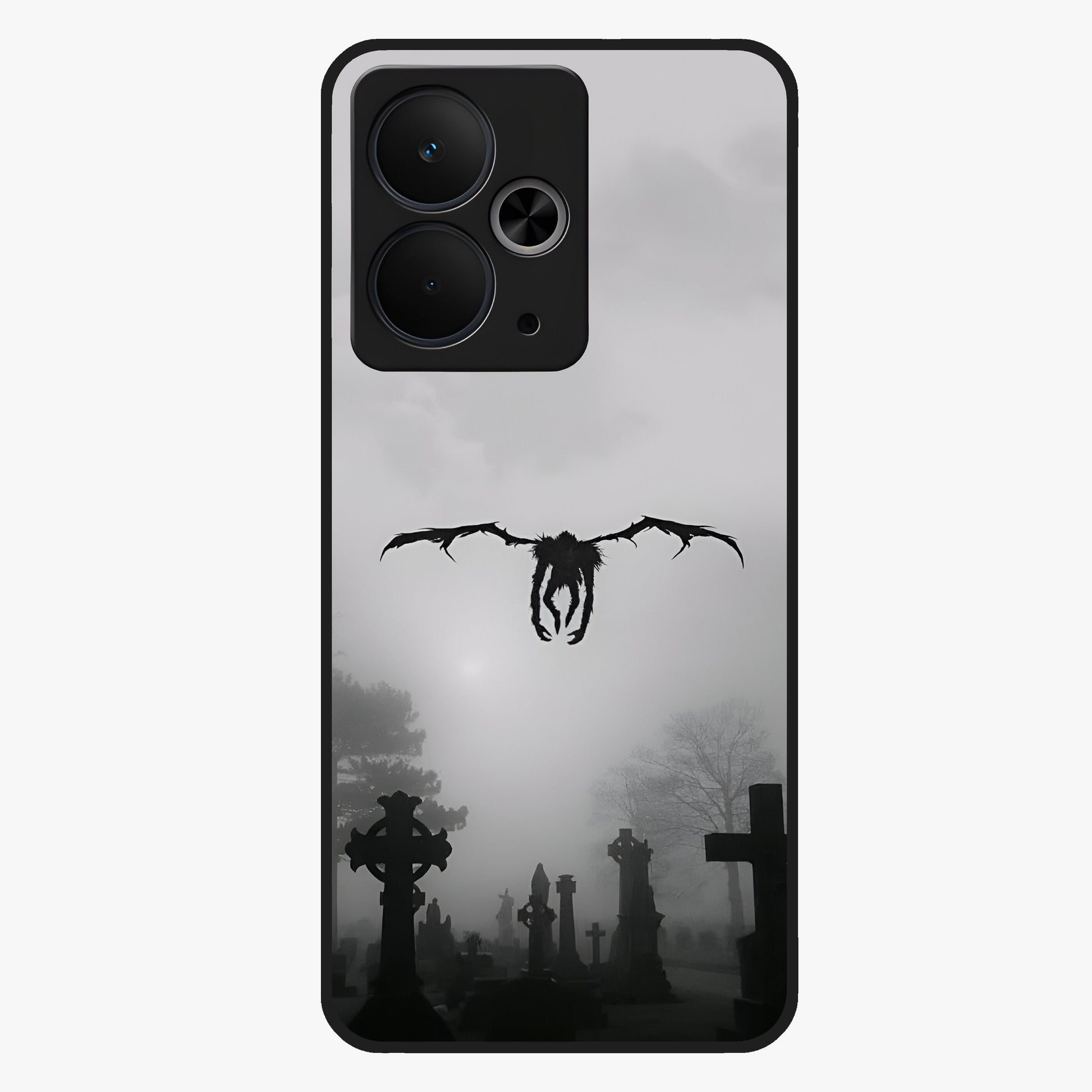 Graveyard Shadow Descent Glass Case showing flat back view with dark graveyard themed artwork and glossy glass finish.