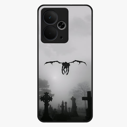 Graveyard Shadow Descent Glass Case showing flat back view with dark graveyard themed artwork and glossy glass finish.