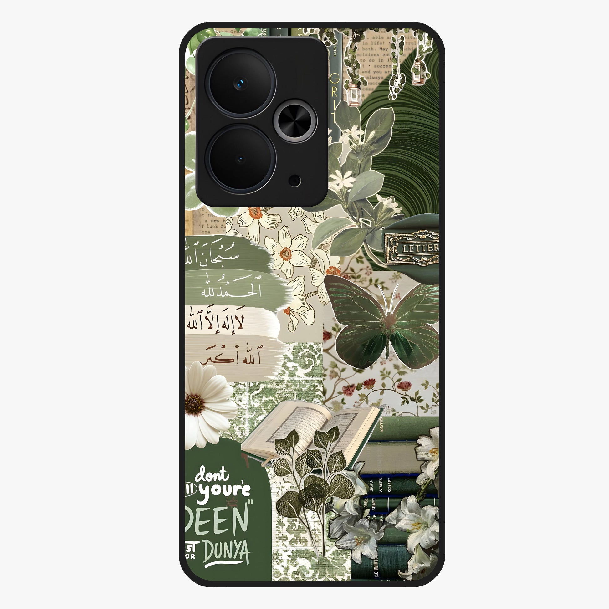 Green Islamic Books Quotes Glass Case showing flat back view with Islamic quotes and book themed artwork and glossy glass finish.