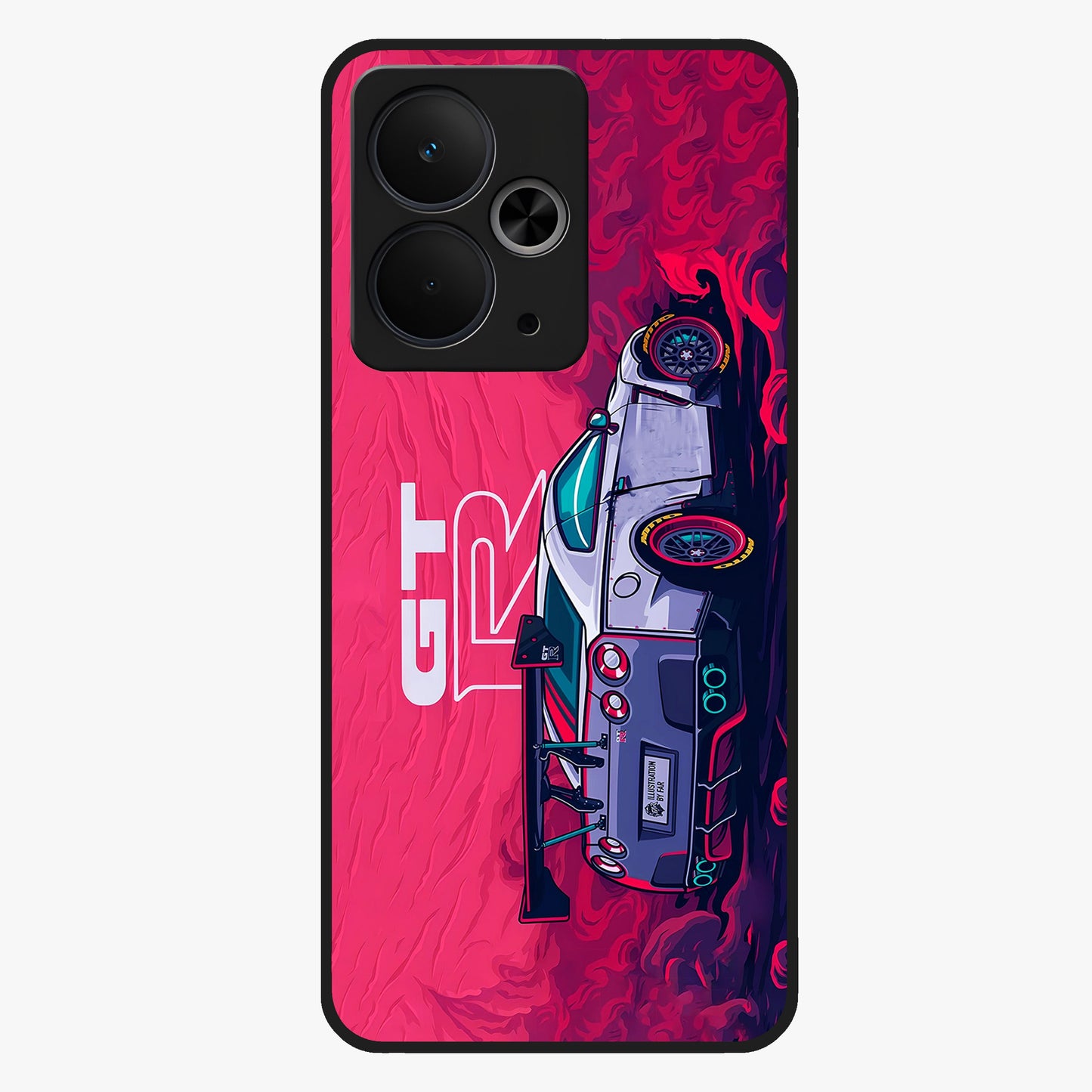 GT-R Car Pattern Glass Case showing flat back view with sporty car inspired pattern artwork and glossy glass finish.