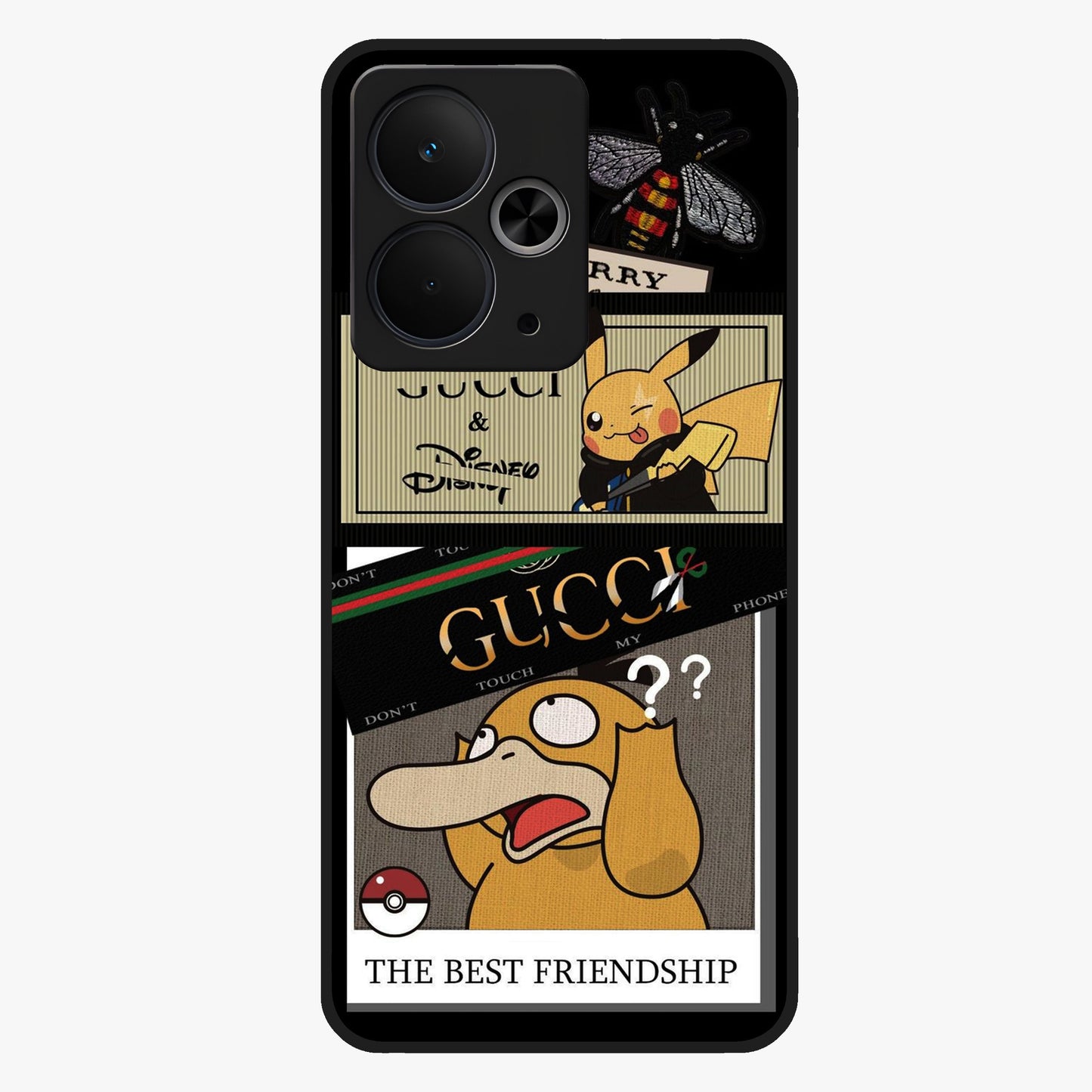 Gucci Play Mashup Glass Case showing flat back view with luxury inspired graphic artwork and glossy glass finish.