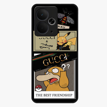 Gucci Play Mashup Glass Case showing flat back view with luxury inspired graphic artwork and glossy glass finish.