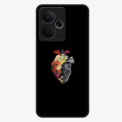 Heart With Flowers Glass Case showing flat back view with heart shaped floral artwork and glossy glass finish.