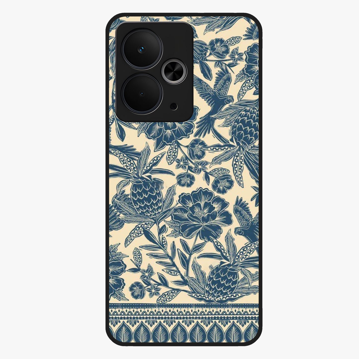 Heirloom Wild Bloom Glass Case showing flat back view with vintage inspired wild flower artwork and glossy glass finish.