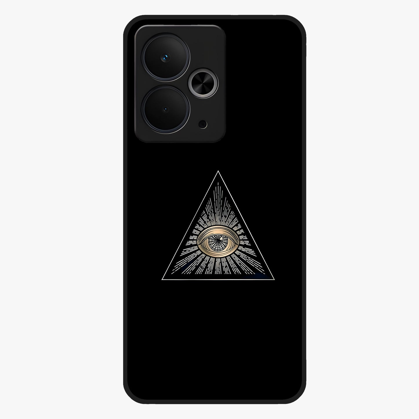 Illuminati Evil Glass Case showing flat back view with mysterious illuminati symbol artwork and glossy glass finish.