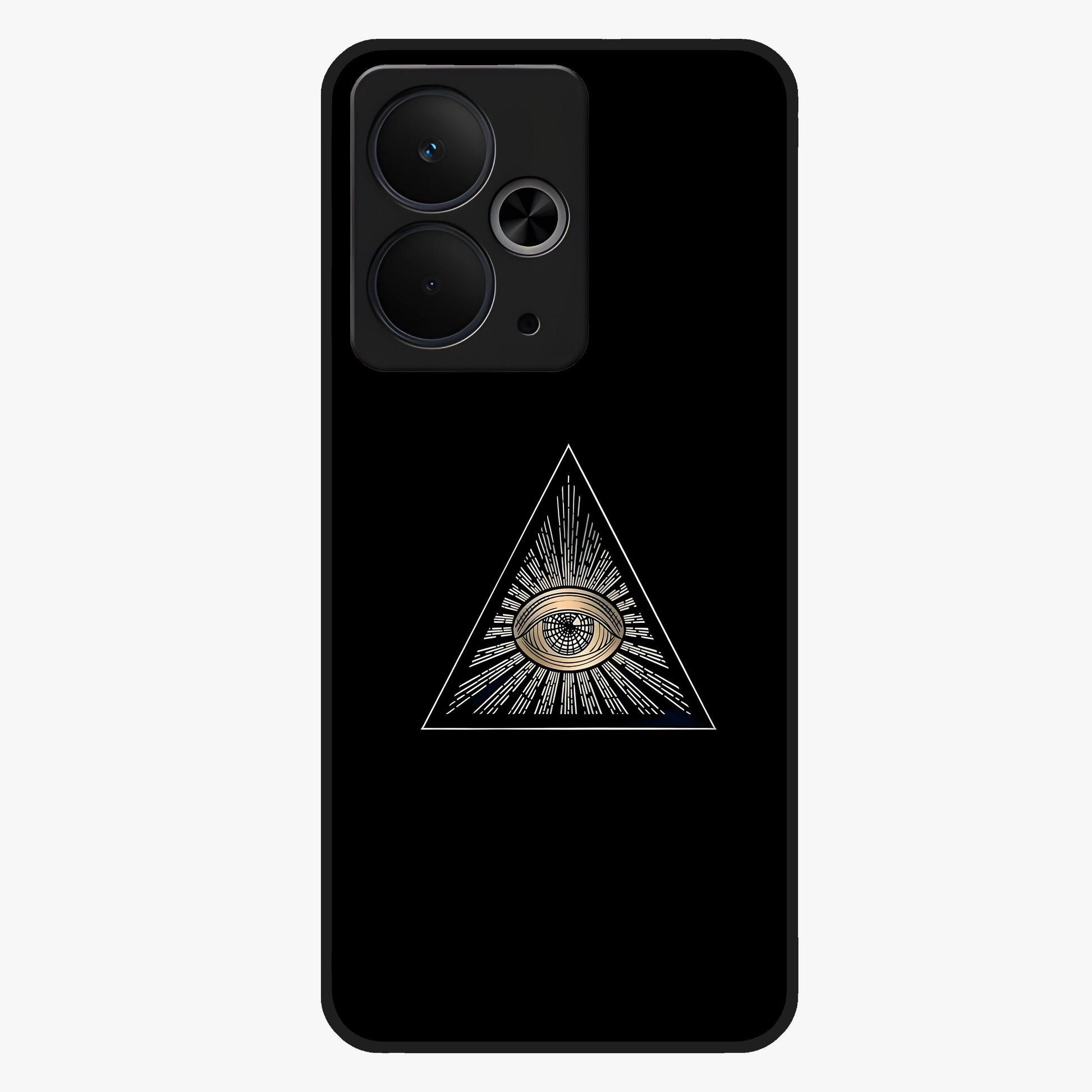 Illuminati Evil Glass Case showing flat back view with mysterious illuminati symbol artwork and glossy glass finish.