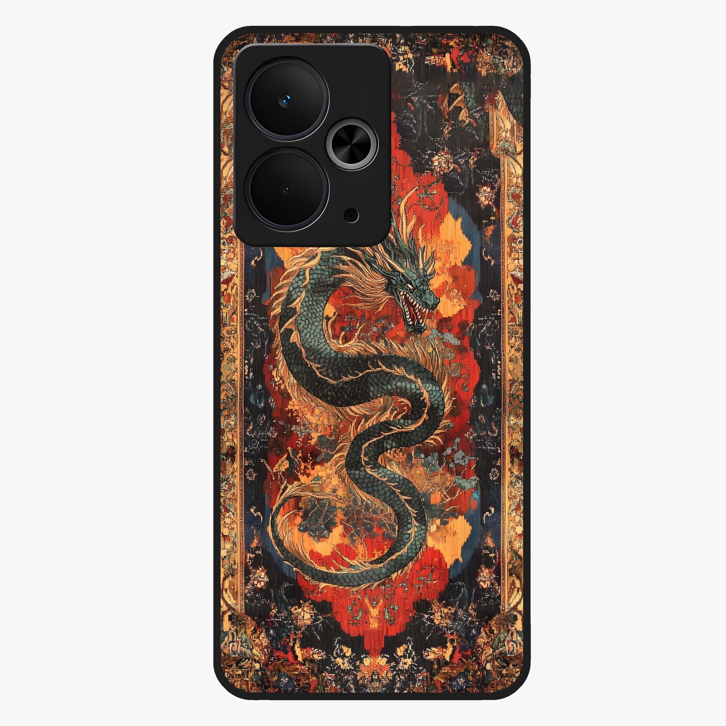 Inferno Dragon Soul Glass Case showing flat back view with fiery dragon artwork and glossy glass finish.