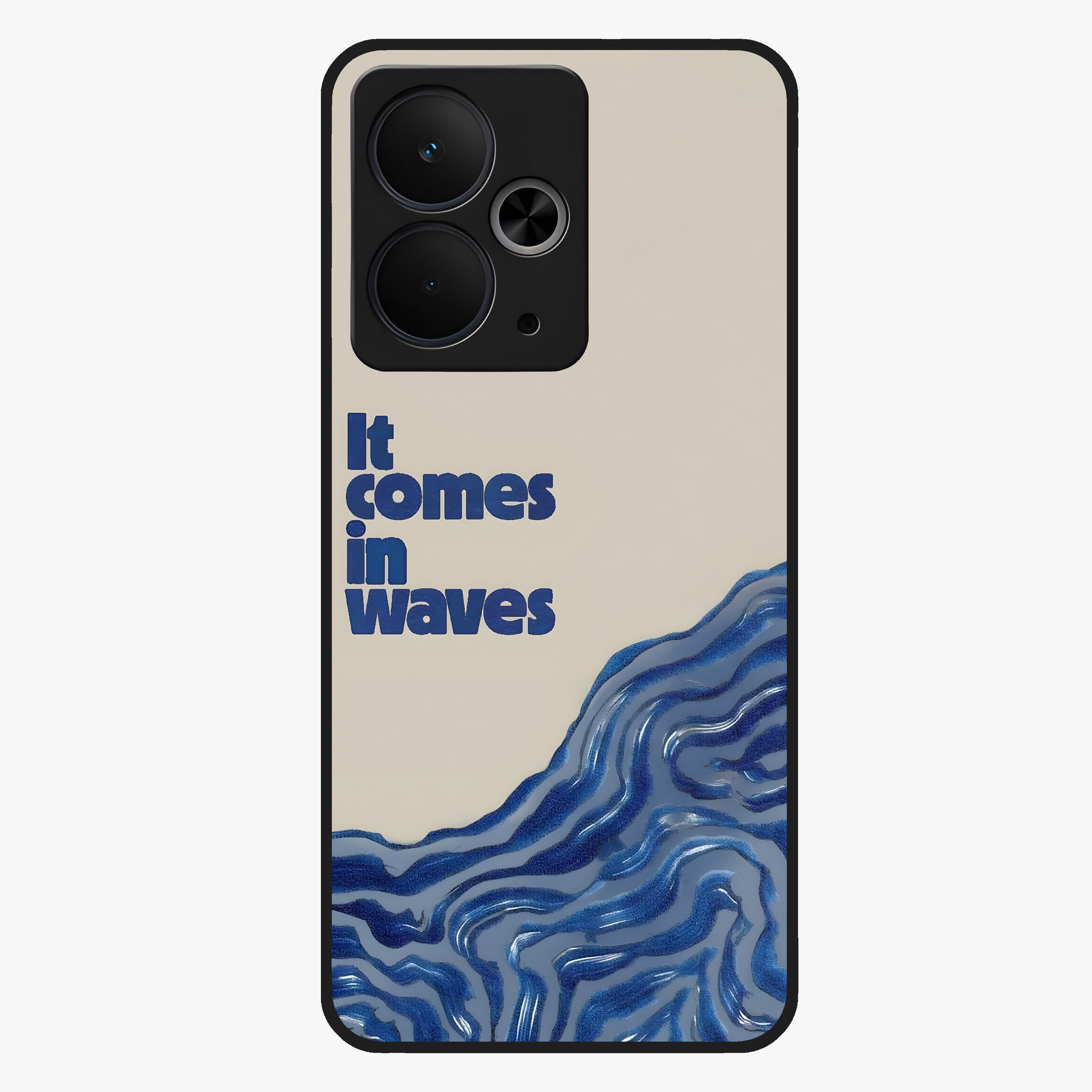 It Comes In Waves Quote Glass Case showing flat back view with inspirational wave themed quote artwork and glossy glass finish.