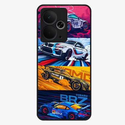 JDM Sports Car Glass Case showing flat back view with high performance sports car artwork and glossy glass finish.
