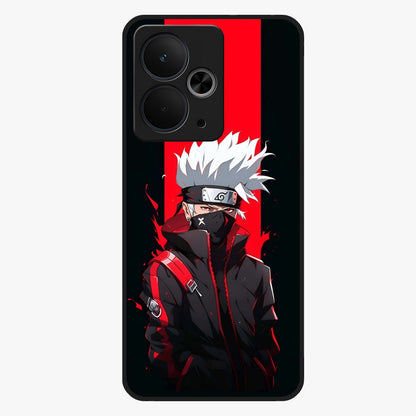 Kakashi Scarlet Shadow Glass Case showing flat back view with powerful anime ninja artwork and glossy glass finish.