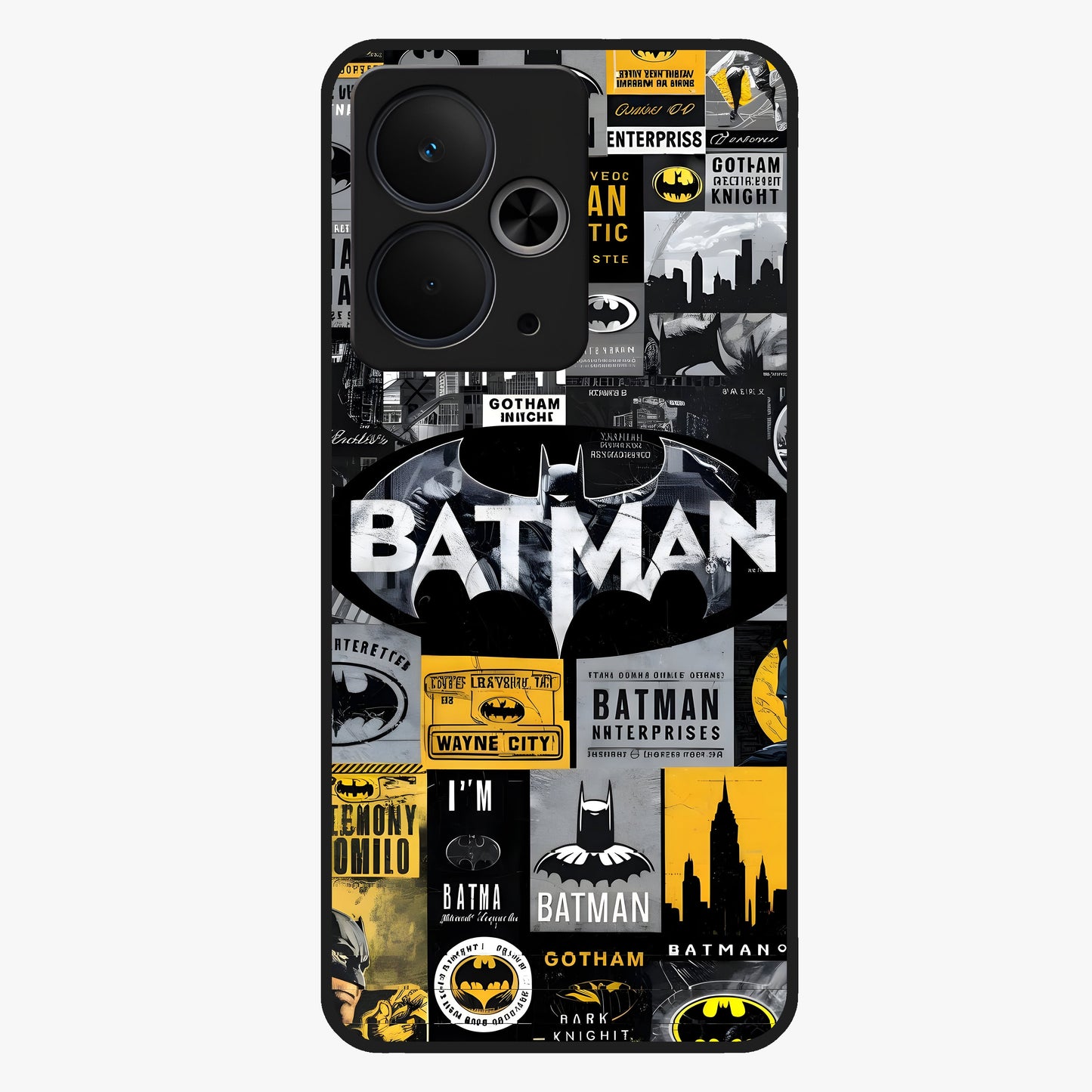 Knight Gotham Rise Glass Case showing flat back view with dark hero inspired artwork and glossy glass finish.