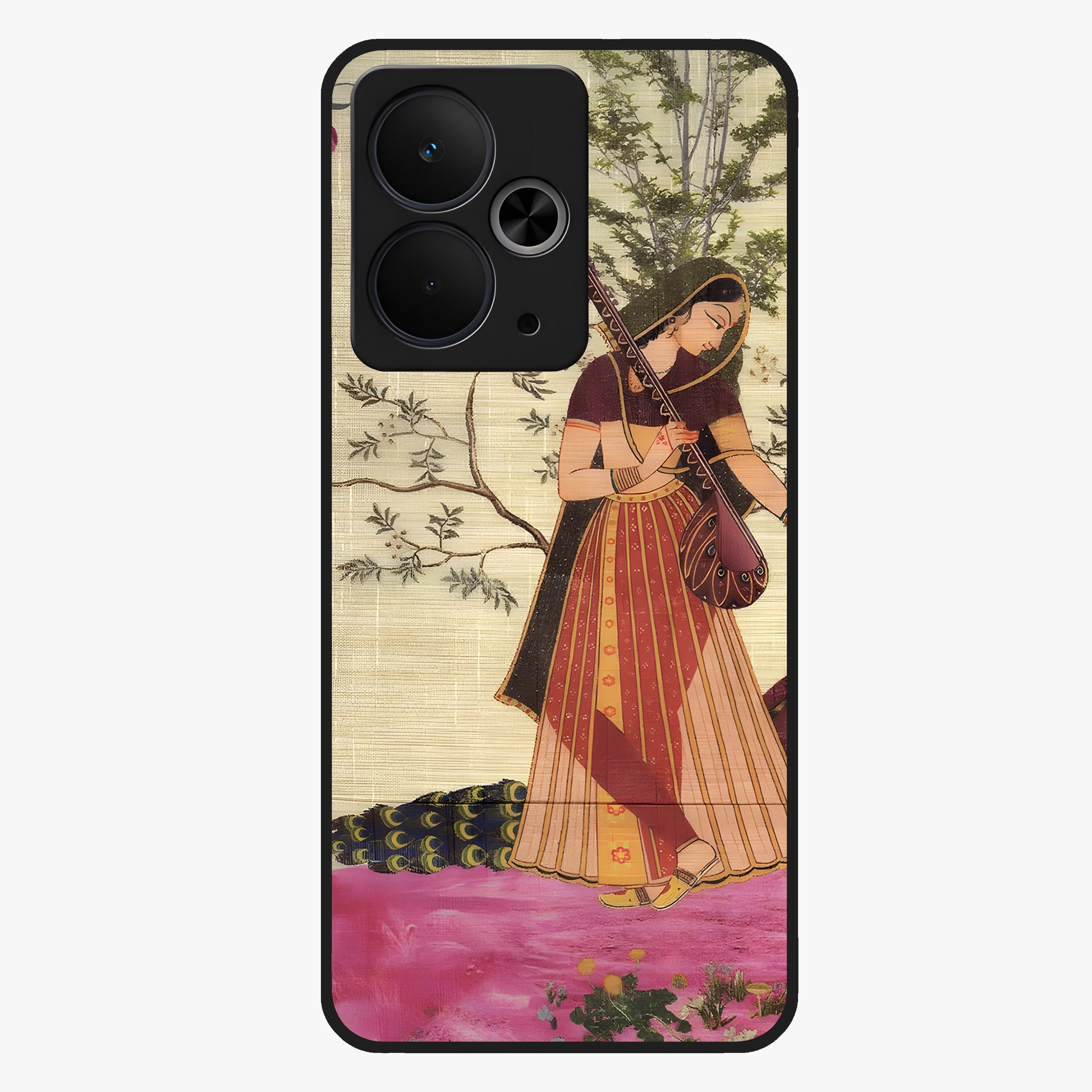 Lady With Veena Art Glass Case showing flat back view with elegant woman playing veena artwork and glossy glass finish.