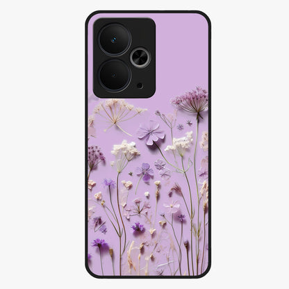 Lavender Blossom Dream Glass Case showing flat back view with soft lavender floral artwork and glossy glass finish.