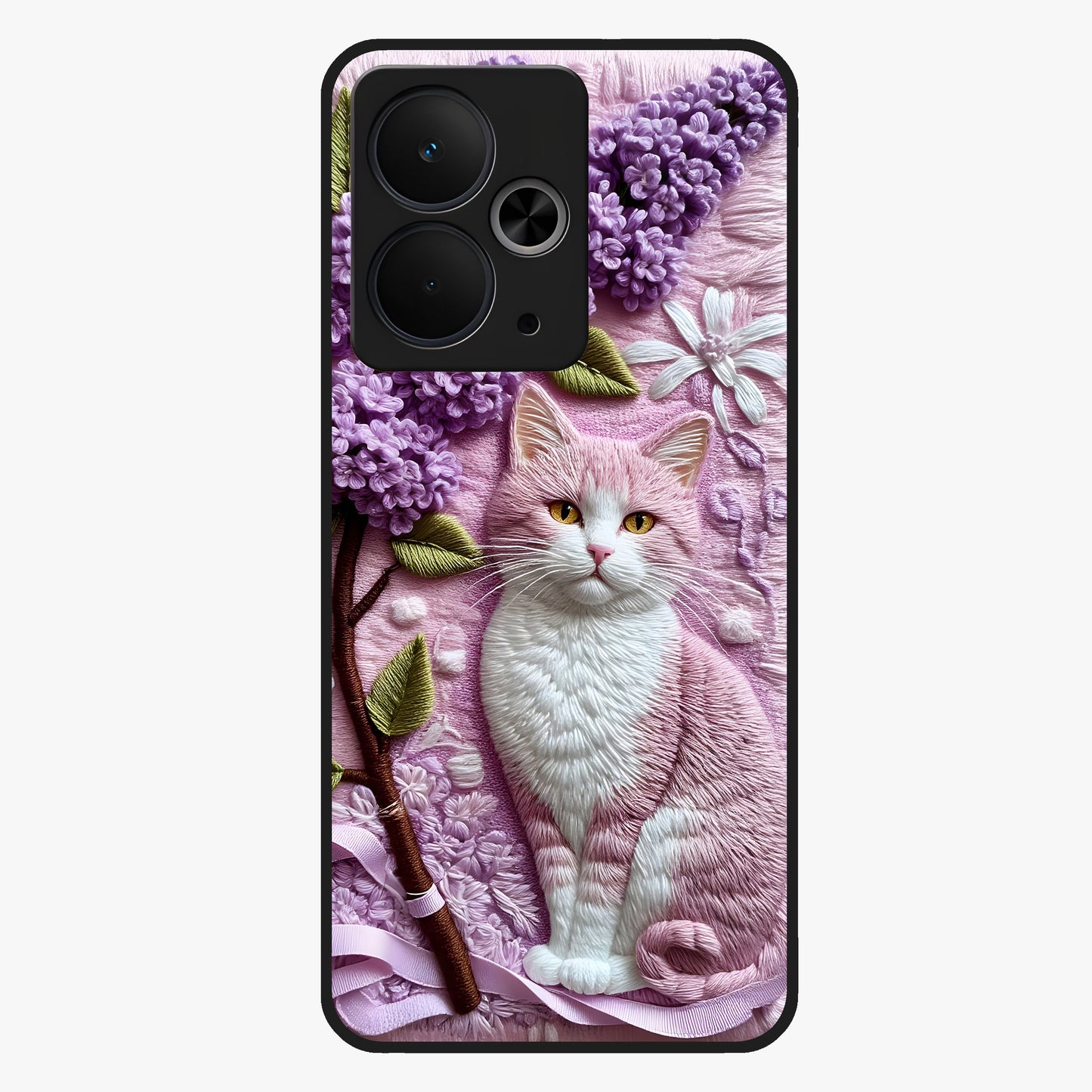 Lavender Cat Whimsy Glass Case showing flat back view with cute lavender cat artwork and glossy glass finish.