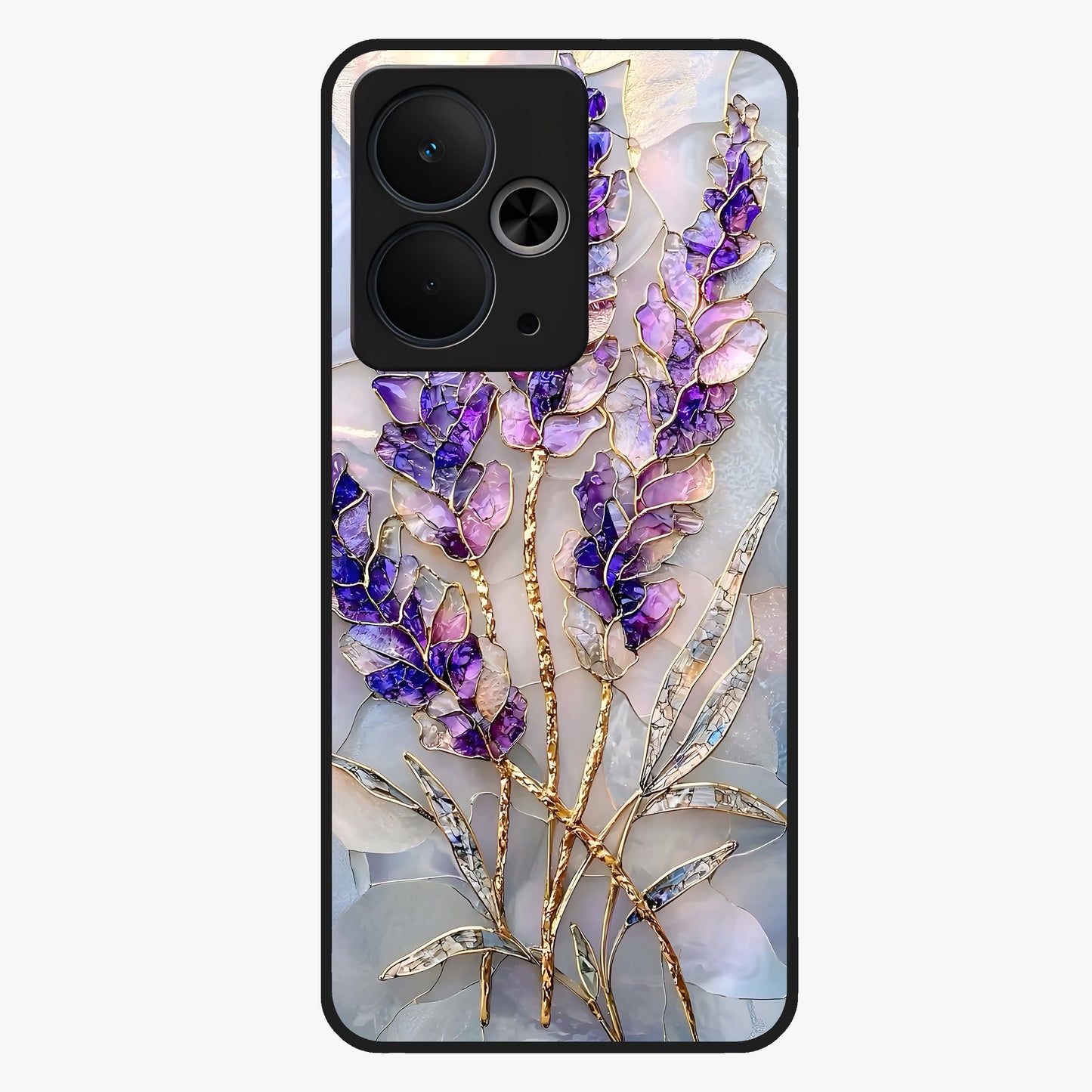 Lavender Dream Glow Glass Case showing flat back view with glowing lavender aesthetic artwork and glossy glass finish.