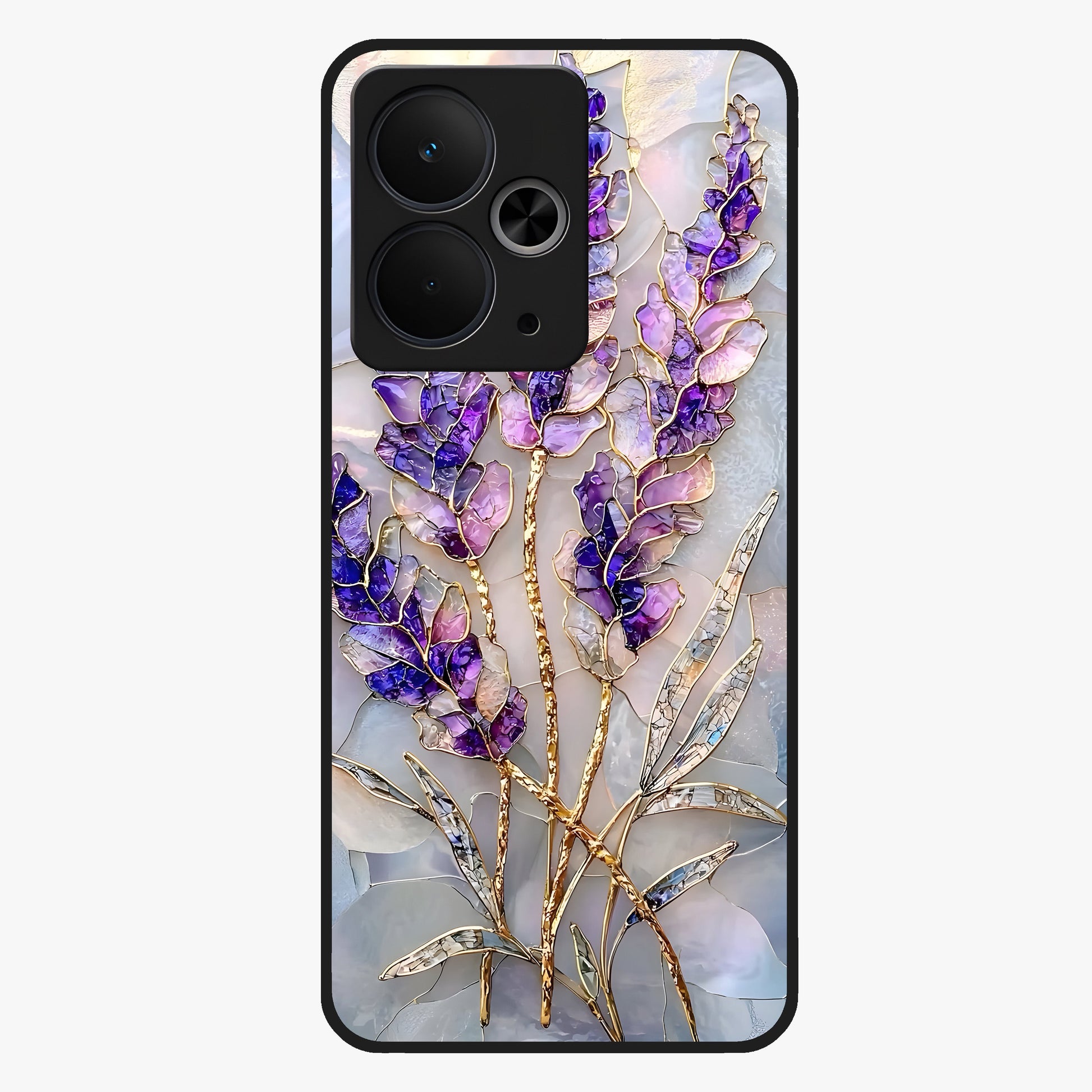 Lavender Dream Glow Glass Case showing flat back view with glowing lavender aesthetic artwork and glossy glass finish.