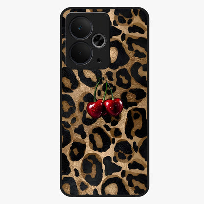 Leopard Wild Cherry Glass Case showing flat back view with leopard pattern and cherry artwork and glossy glass finish.