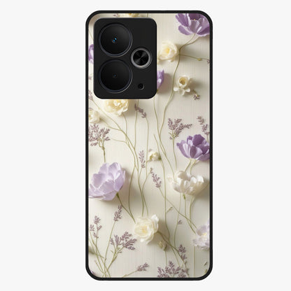 Lilac Breeze Harmony Glass Case showing flat back view with soft lilac themed artwork and glossy glass finish.