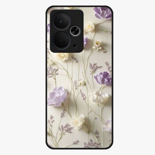 Lilac Breeze Harmony Glass Case showing flat back view with soft lilac themed artwork and glossy glass finish.