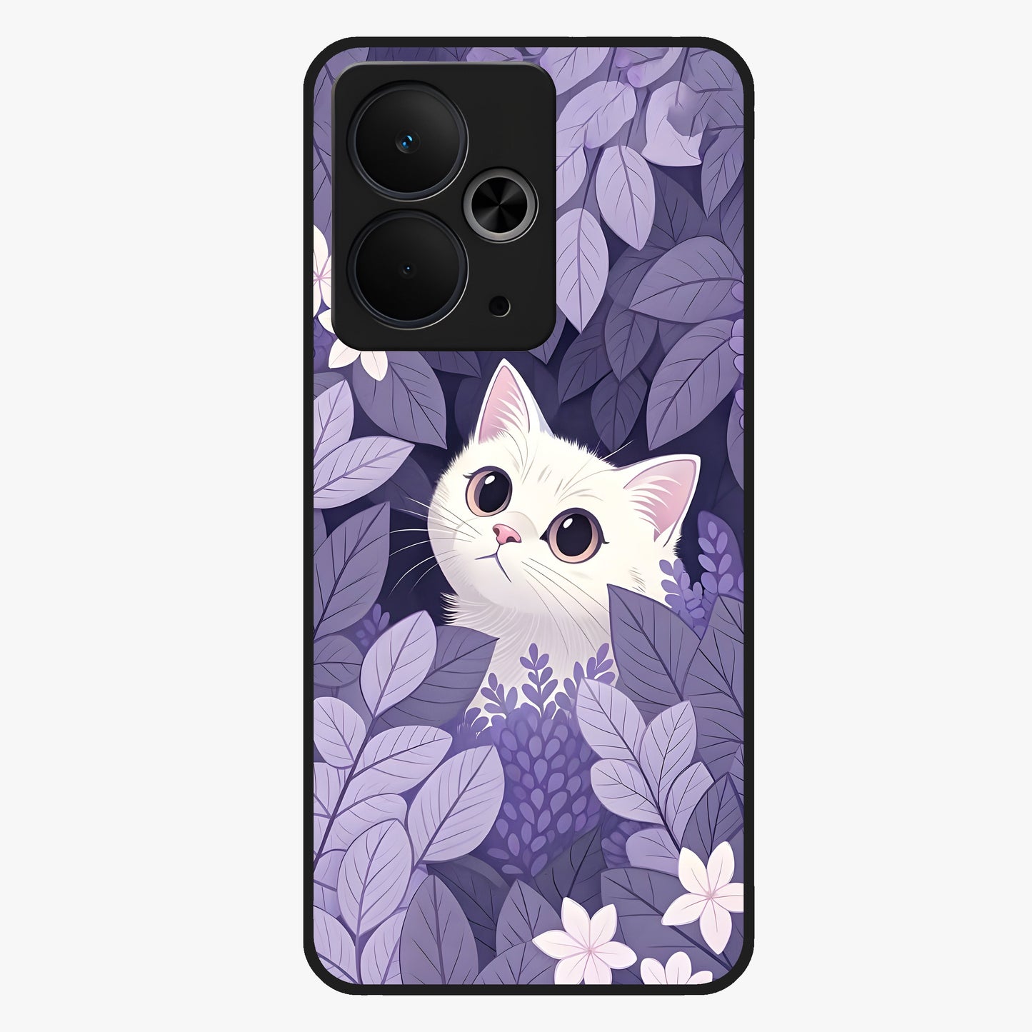 Lilac Hide Peek Cat Glass Case showing flat back view with cute peeking cat artwork and glossy glass finish.