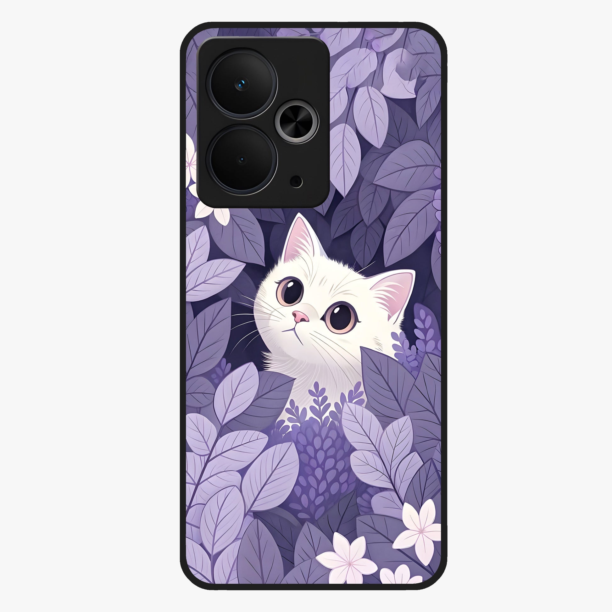 Lilac Hide Peek Cat Glass Case showing flat back view with cute peeking cat artwork and glossy glass finish.