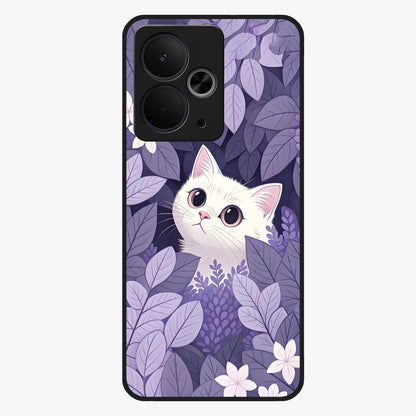 Lilac Hide Peek Cat Glass Case showing flat back view with cute peeking cat artwork and glossy glass finish.