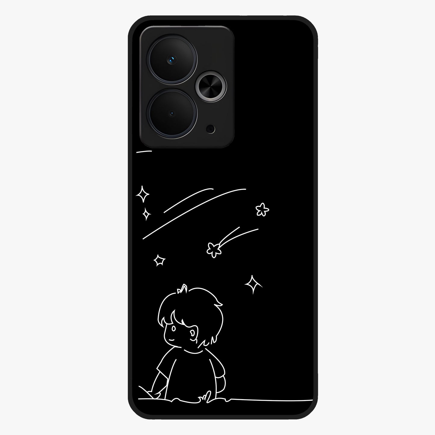 Line Art Boy With Shooting Stars Glass Case showing flat back view with minimal line art boy and shooting stars illustration and glossy glass finish.