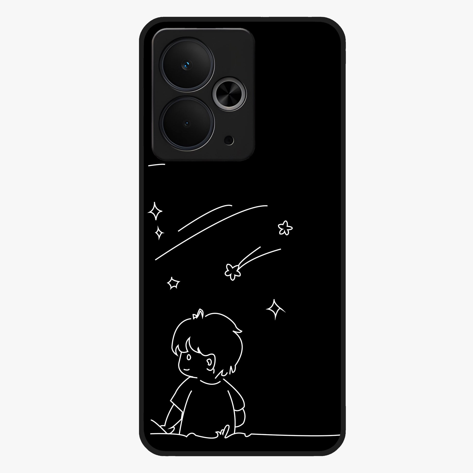 Line Art Boy With Shooting Stars Glass Case showing flat back view with minimal line art boy and shooting stars illustration and glossy glass finish.