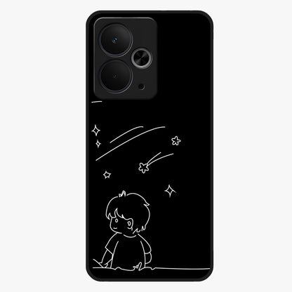 Line Art Boy With Shooting Stars Glass Case showing flat back view with minimal line art boy and shooting stars illustration and glossy glass finish.
