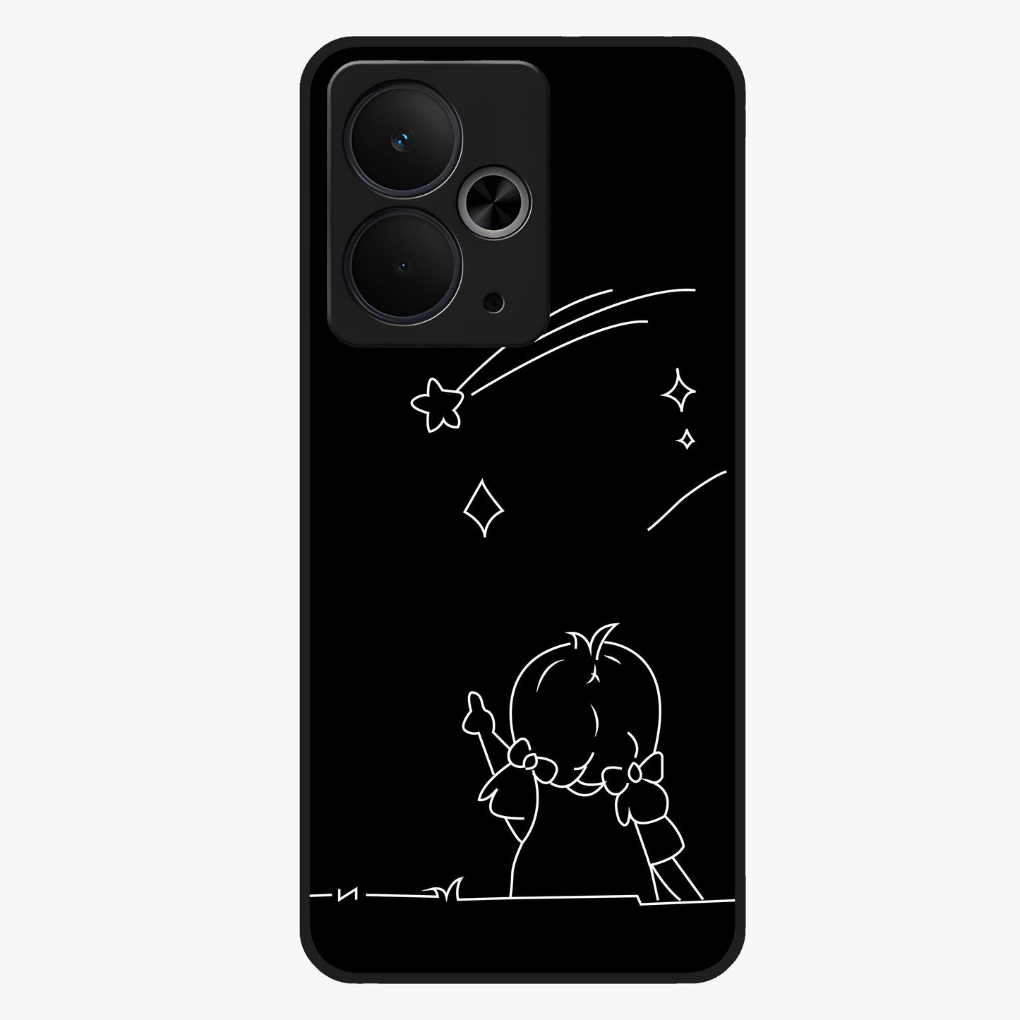 Line Art Girl With Shooting Stars Glass Case showing flat back view with minimal line art girl and shooting stars illustration and glossy glass finish.
