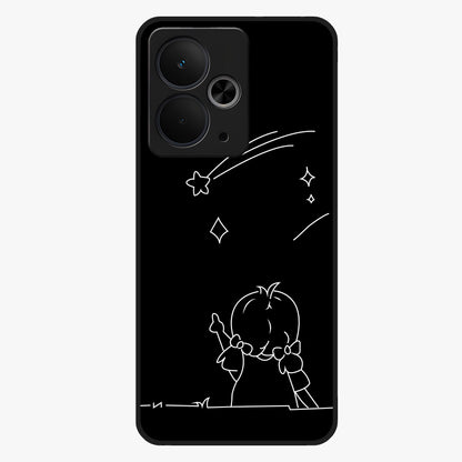 Line Art Girl With Shooting Stars Glass Case showing flat back view with minimal line art girl and shooting stars illustration and glossy glass finish.