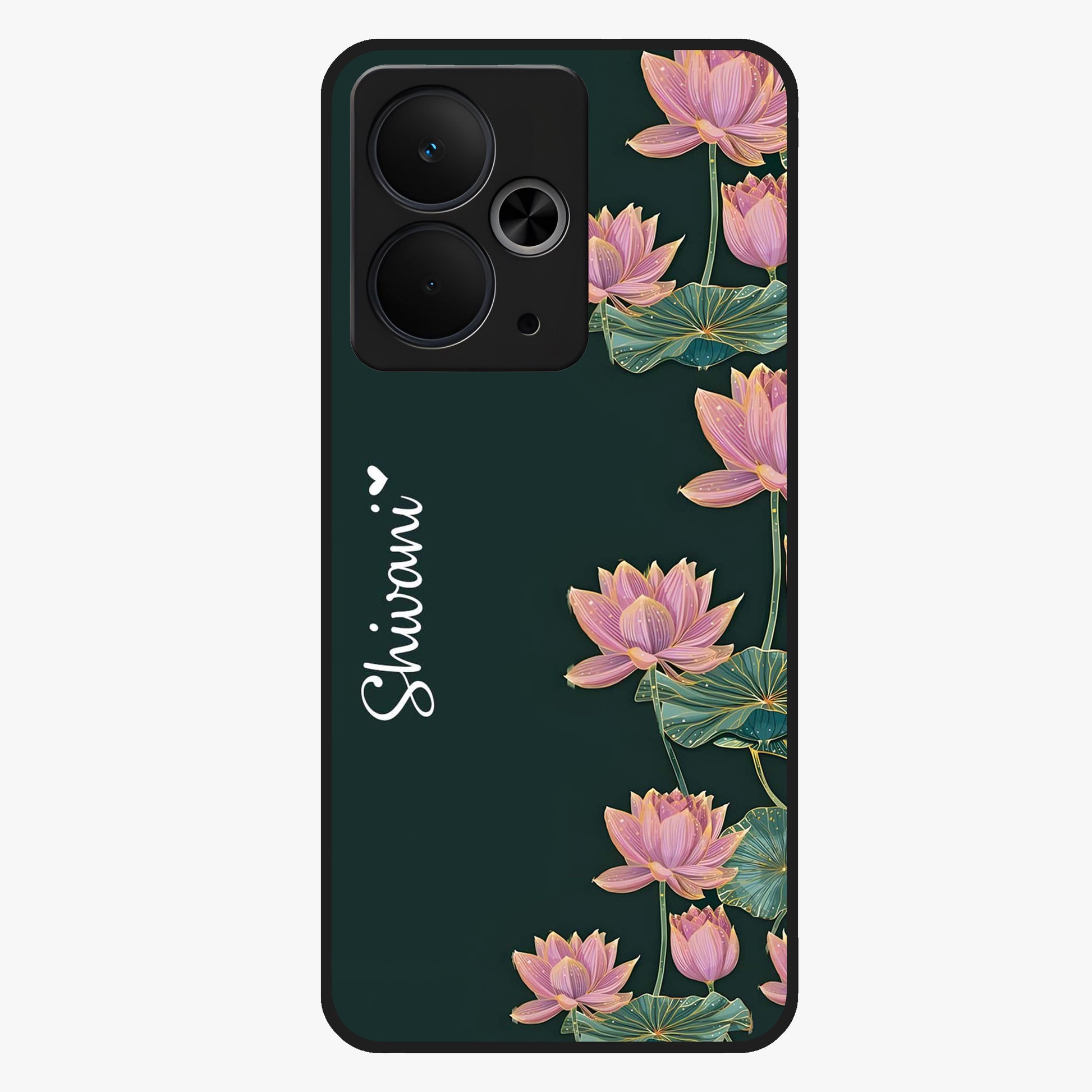 Lotus Bloom Serenity Custom Name Glass Case showing flat back view with elegant lotus flower artwork and personalized name design.