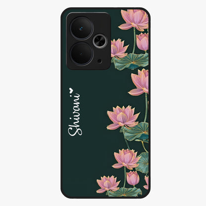 Lotus Bloom Serenity Custom Name Glass Case showing flat back view with elegant lotus flower artwork and personalized name design.