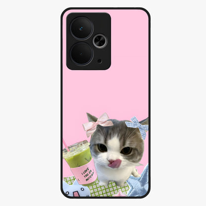 Love Matcha Cat Glass Case showing flat back view with cute cat and matcha themed artwork and glossy glass finish.