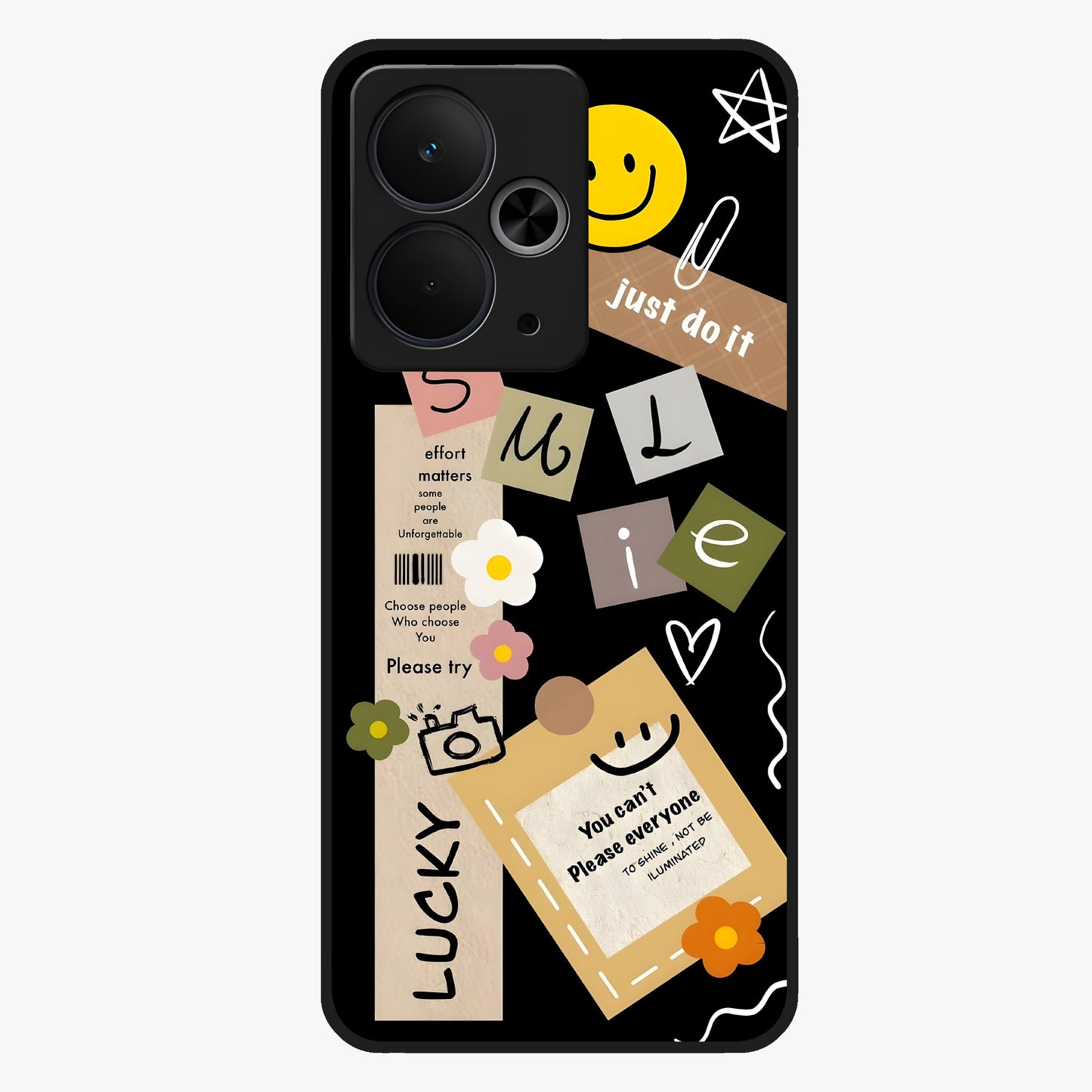 Lucky Aesthetic Collage Glass Case showing flat back view with trendy aesthetic collage artwork and glossy glass finish.