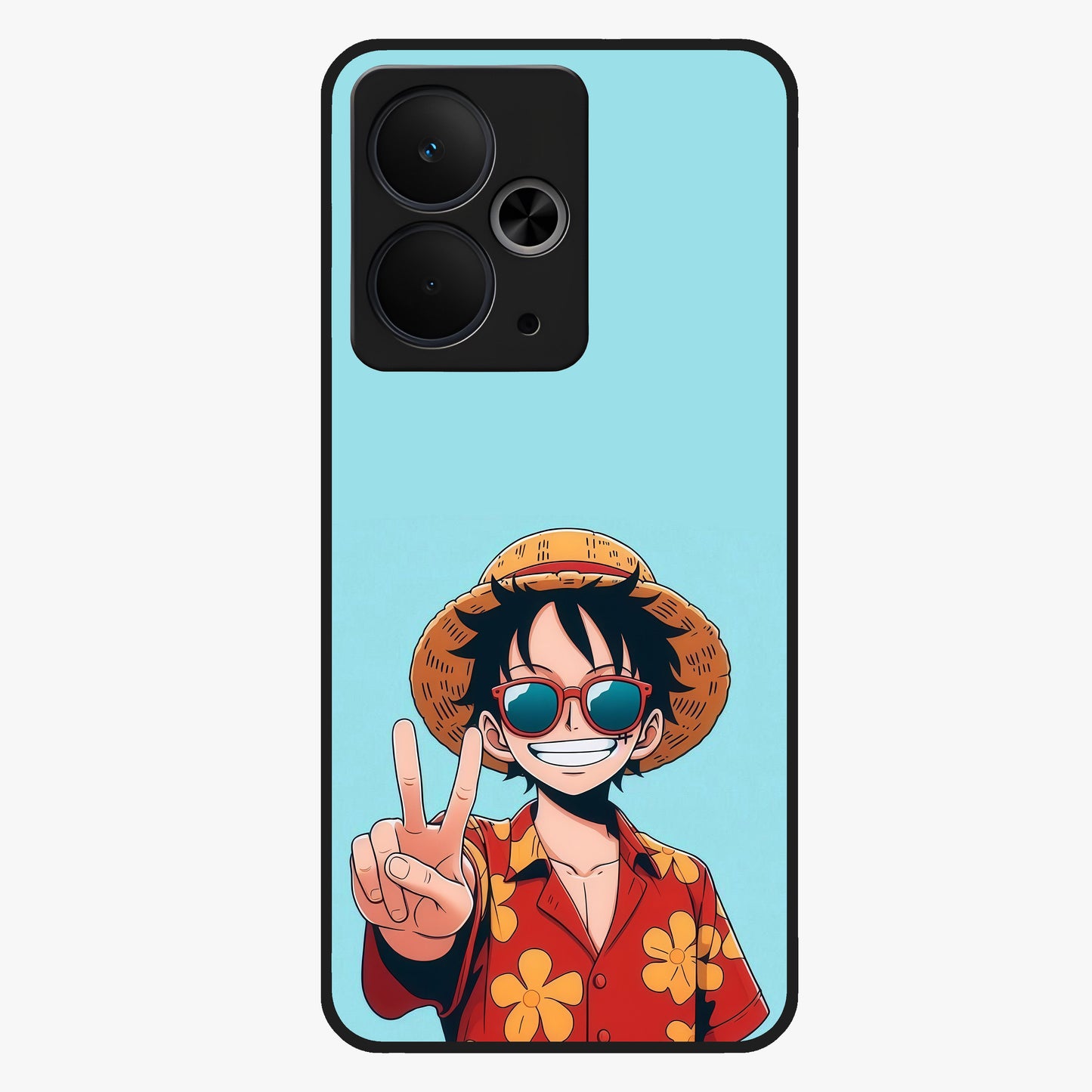 Luffy Summer Anime Vibe Glass Case showing flat back view with vibrant anime character artwork and glossy glass finish.