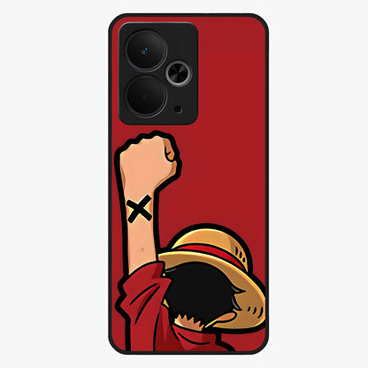 Luffy X Spirit Glass Case showing flat back view with bold anime character artwork and glossy glass finish.
