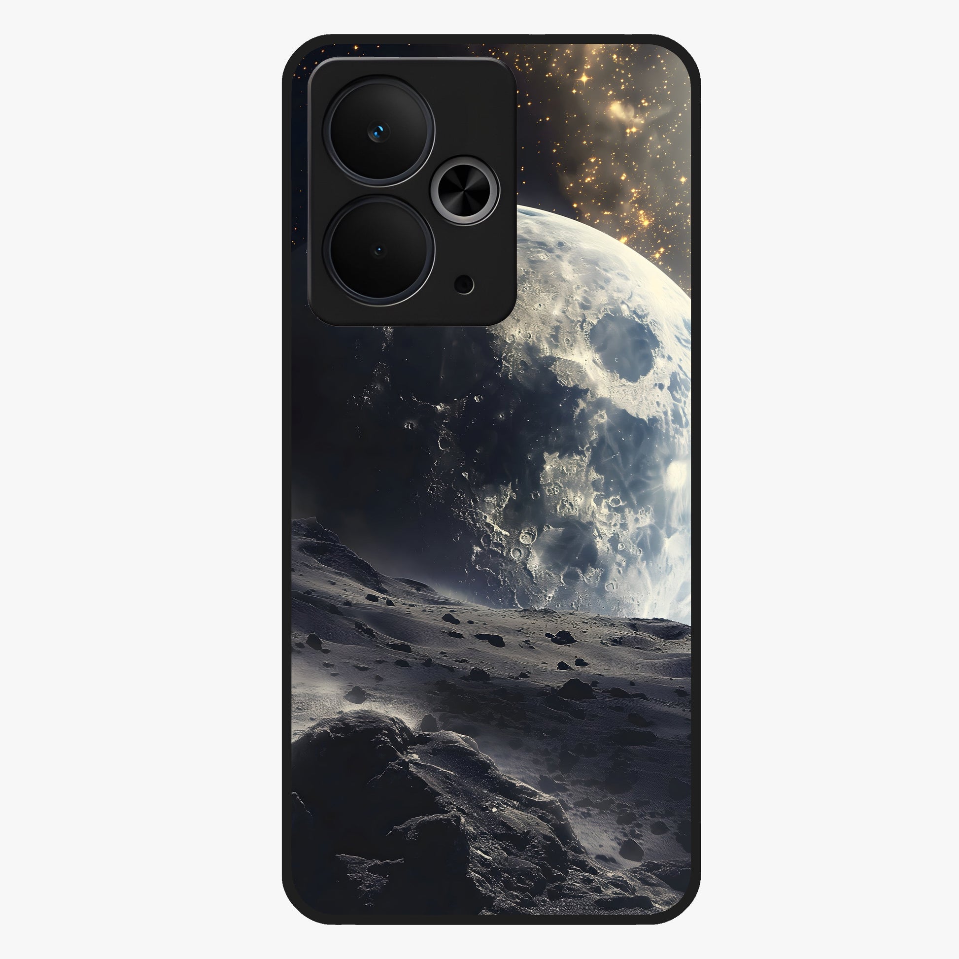 Lunar Horizon Glow Glass Case showing flat back view with glowing moon horizon artwork and glossy glass finish.