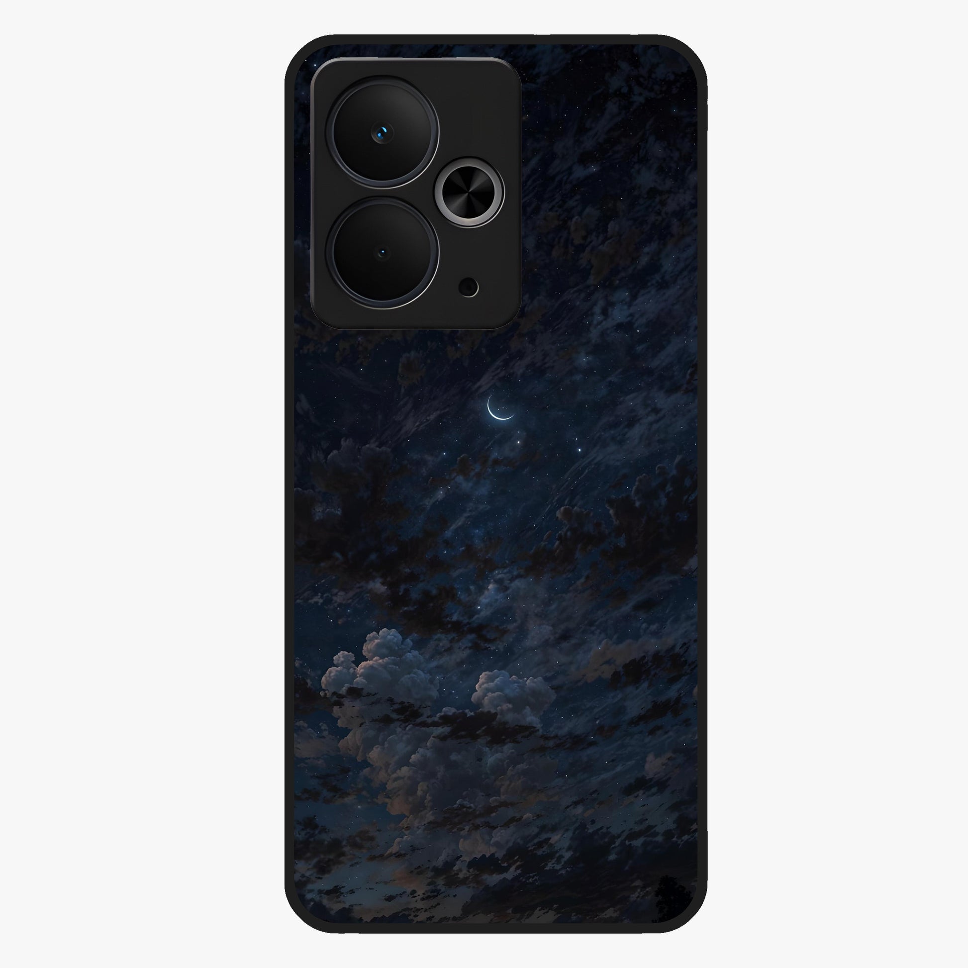 Lunar Veil Silence Glass Case showing flat back view with mystical moon veil artwork and glossy glass finish.