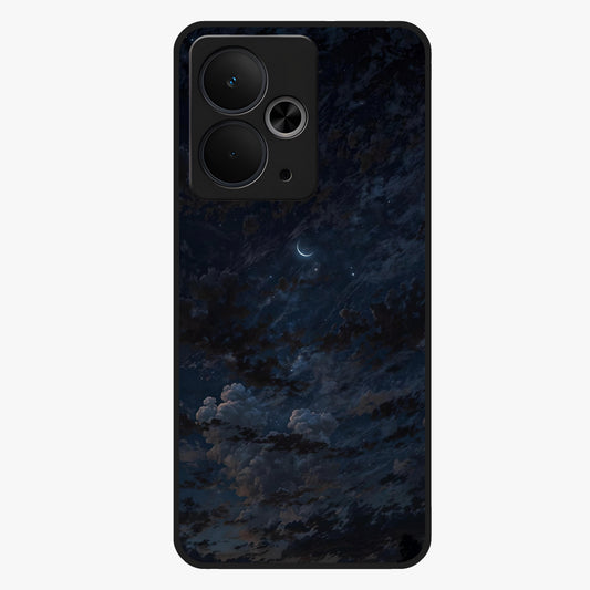 Lunar Veil Silence Glass Case showing flat back view with mystical moon veil artwork and glossy glass finish.